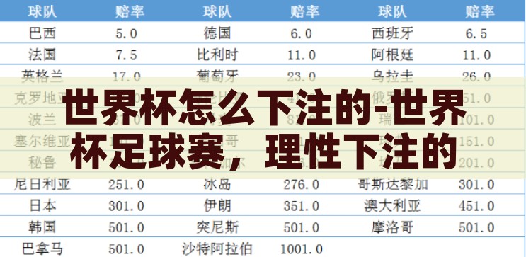 世界杯怎么下注的-世界杯足球赛，理性下注的智慧之道，理性下注，智享世界杯，足球赛的投注智慧