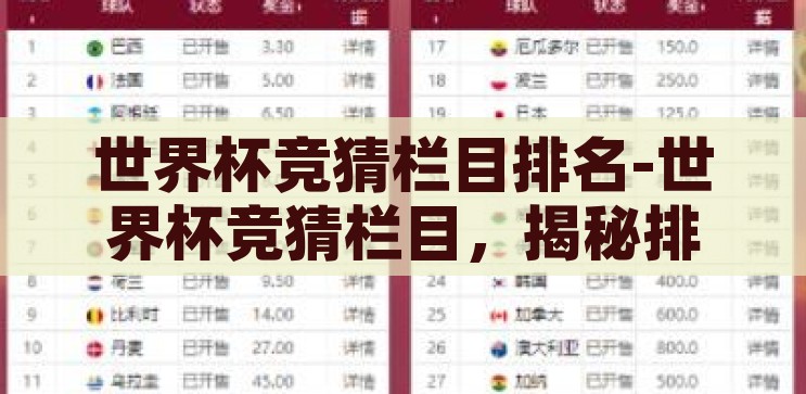 世界杯竞猜栏目排名-世界杯竞猜栏目，揭秘排名背后的精彩与挑战，揭秘世界杯竞猜栏目，排名背后的精彩与挑战